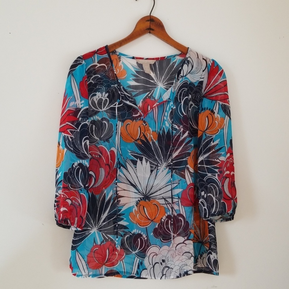 Banana Republic Semi Sheer Floral Multicolor 3/4 Sleeve Top Blouse, Size S